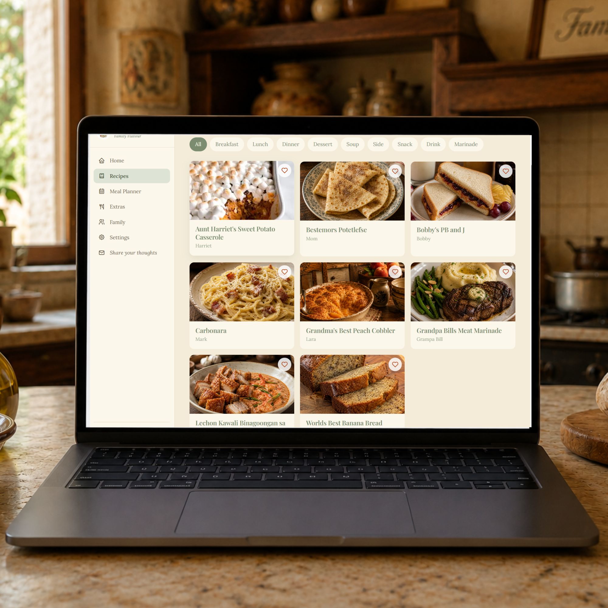 Family Flavour app on a laptop in a cozy kitchen