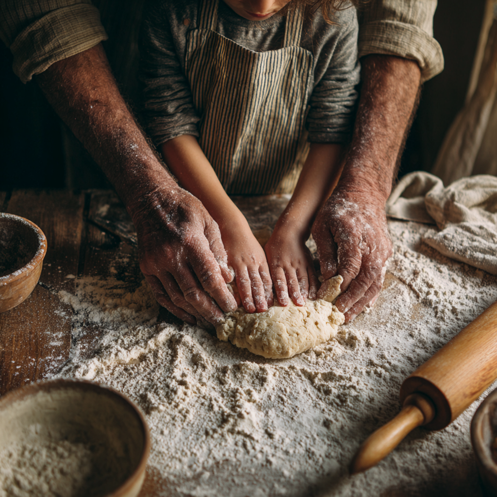Two generations kneading dough together — passing recipes down through the family