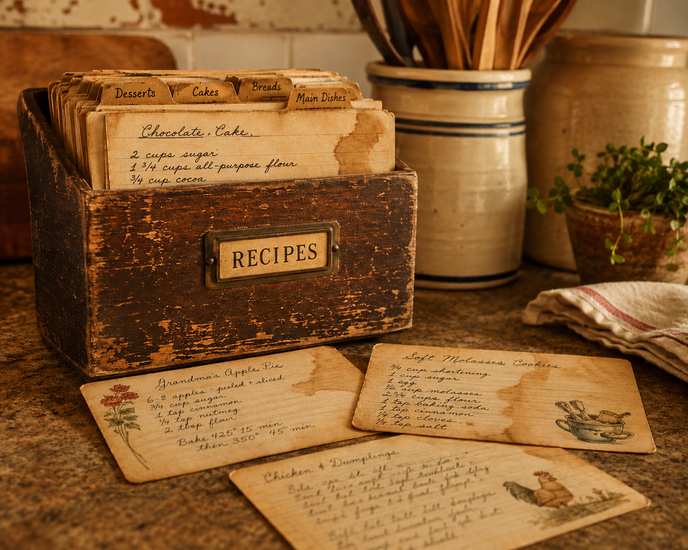 A vintage recipe box with handwritten family recipe cards